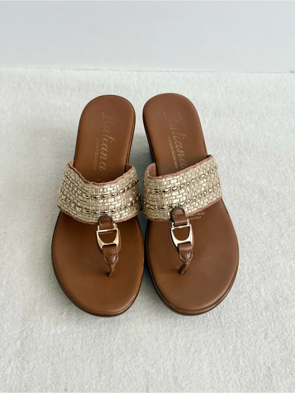 Italian Shoemakers Brown Wedge Thong Sandals with Metallic Braided Strap